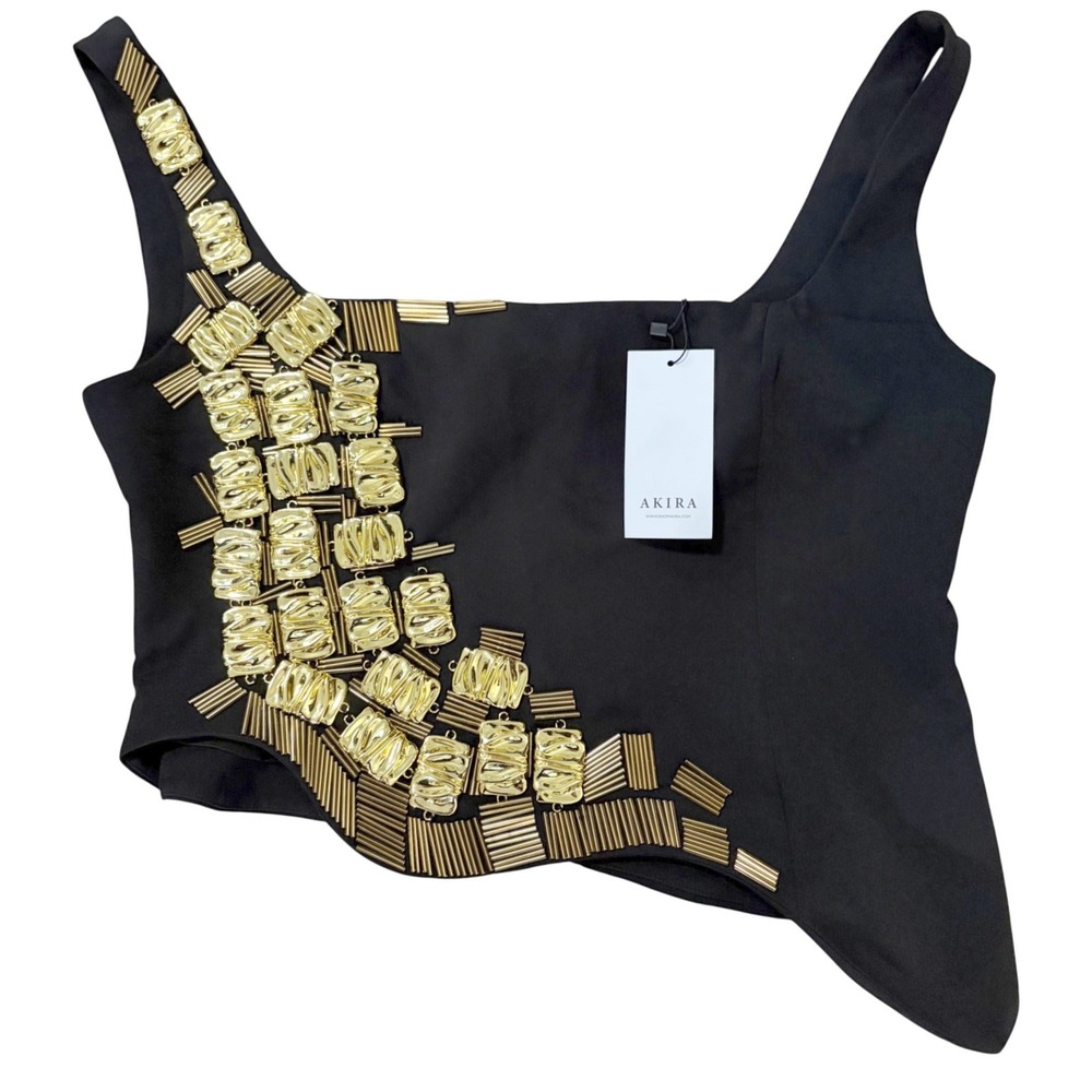 NEW Akira Asymmetric Beaded Lux Top 1X Sleeveless Black Gold Party Club Glam